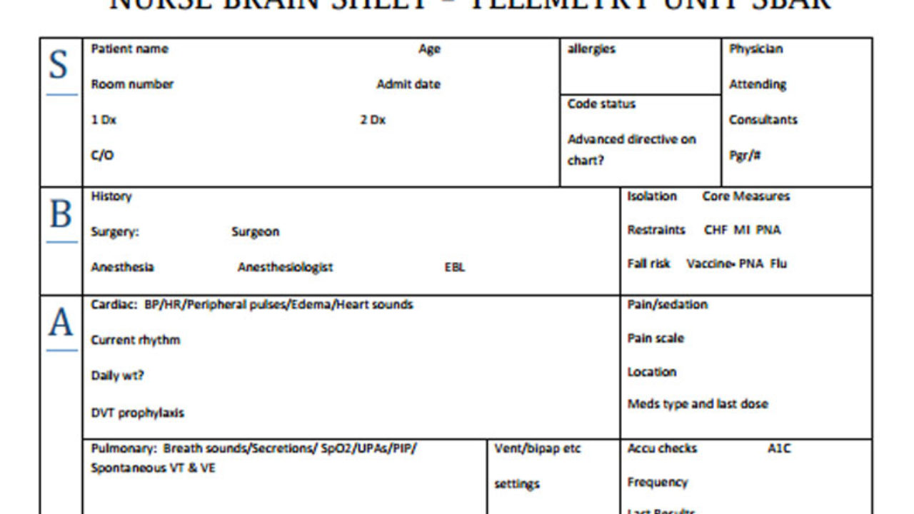 Nurse Brain Sheets - Telemetry Unit SBAR - Scrubs | The Leading Lifestyle  Magazine for the Healthcare Community