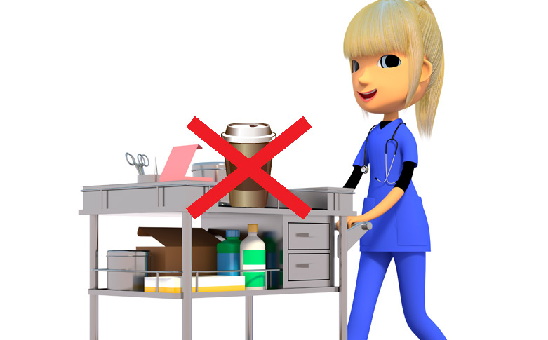 Nurse with coffee on her med cart